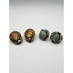 4 pc SET Vintage Clip On & Screw Back Earrings Floral Blue Stone Retro
